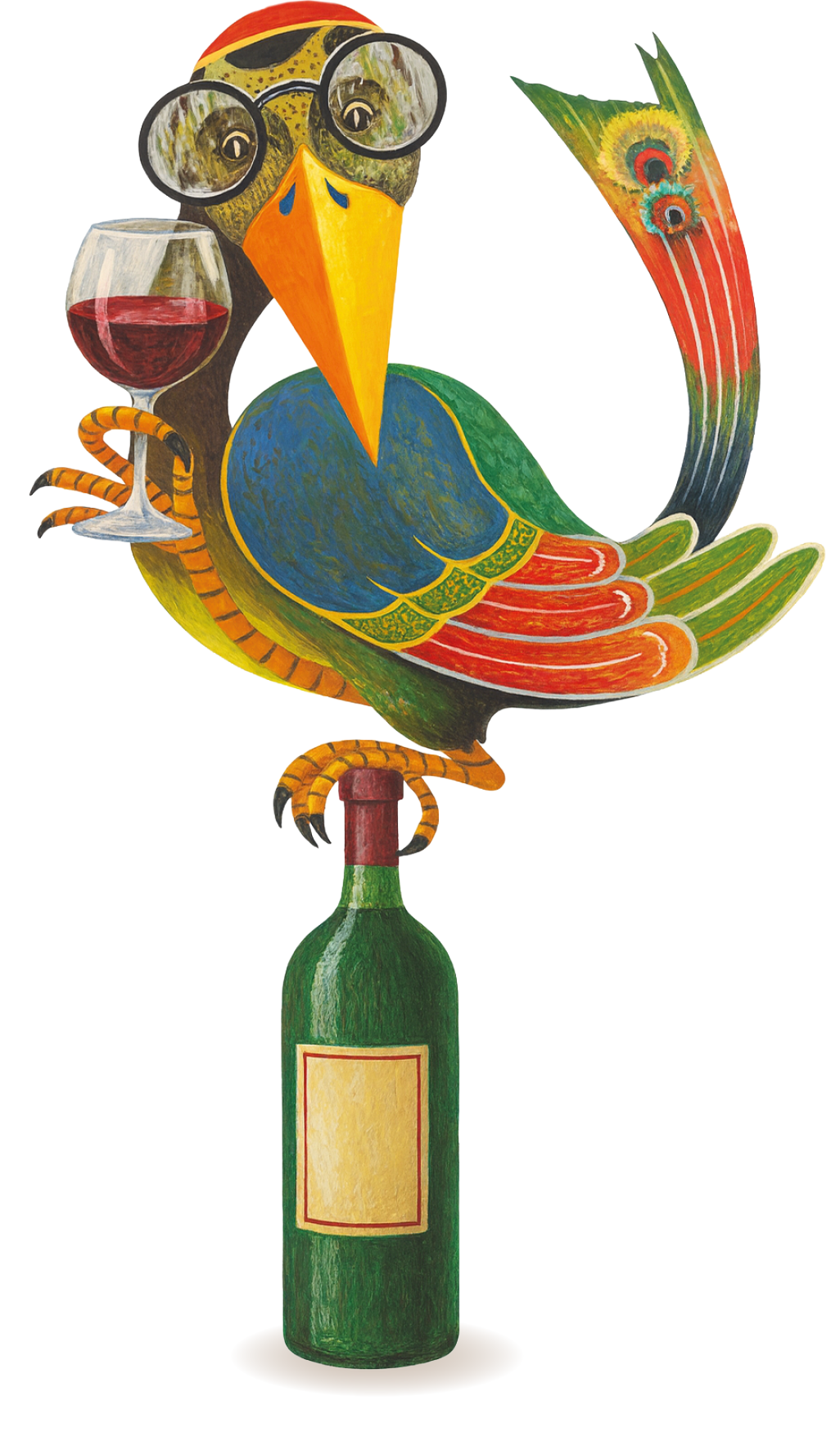 Kablu Vogel mit Weinglas in der Hand auf Weinflasche sitzend